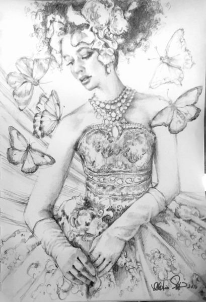 Pencil Drawing by Christine Solazzi - Artist, Woman with Butterflies