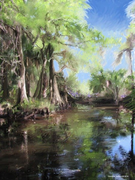 Artist, Christine Solazzi, Painting of Kitching Creek, Jonathan Dickinson State Park, Jupiter, Florida